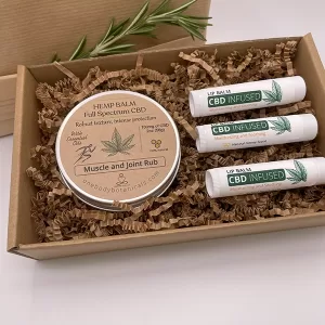 2oz Jade Oasis Skin Balm Full Spectrum CBD and three CBD infused Lip Balm in a ready to wrap eco-friendly box