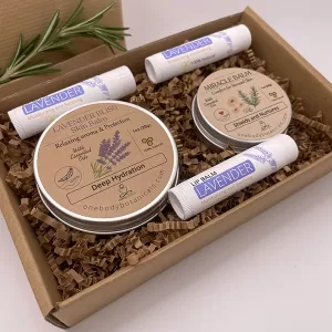 2oz Lavender Bliss Skin Balm, 1oz can of Miracle Balm for comfort of stressed skin and three natural lavender lip balms. Skin protection and restoration set. OneBody Botanicals