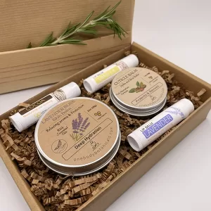 2oz can of Lavender Bliss Skin Balm, a natural moisturizer. 1oz can of Honey Scented Cuticle Balm with Jojoba and Shea Butter. Three natural lib balms Cocoa, Lavender and Vanilla. Natural Skincare Set for yourself or for gift giving. OneBody Botanicals