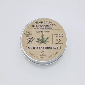 1oz can of Hemp Balm Spectrum CBD with Shea Butter for easy spread on larger areas and fast absorption. CBD Muscle Rub