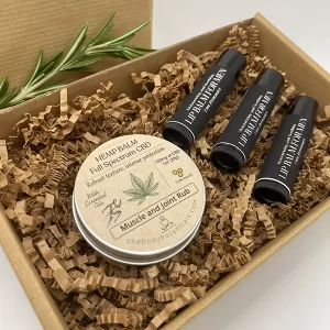 2oz can of Hemp Balm - Full Spectrum CBD Muscle Rub, 3 Cool Peppermint Black Label Lip Balm for men. Men's grooming gift set. OneBody Botanicals