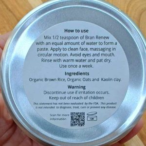Natural organic vegan skin exfoliator. Presented in a powder form, add water to activate or your preferred customized liquid by OneBody Botanicals. Made with brown rice, oats and kaolin clay
